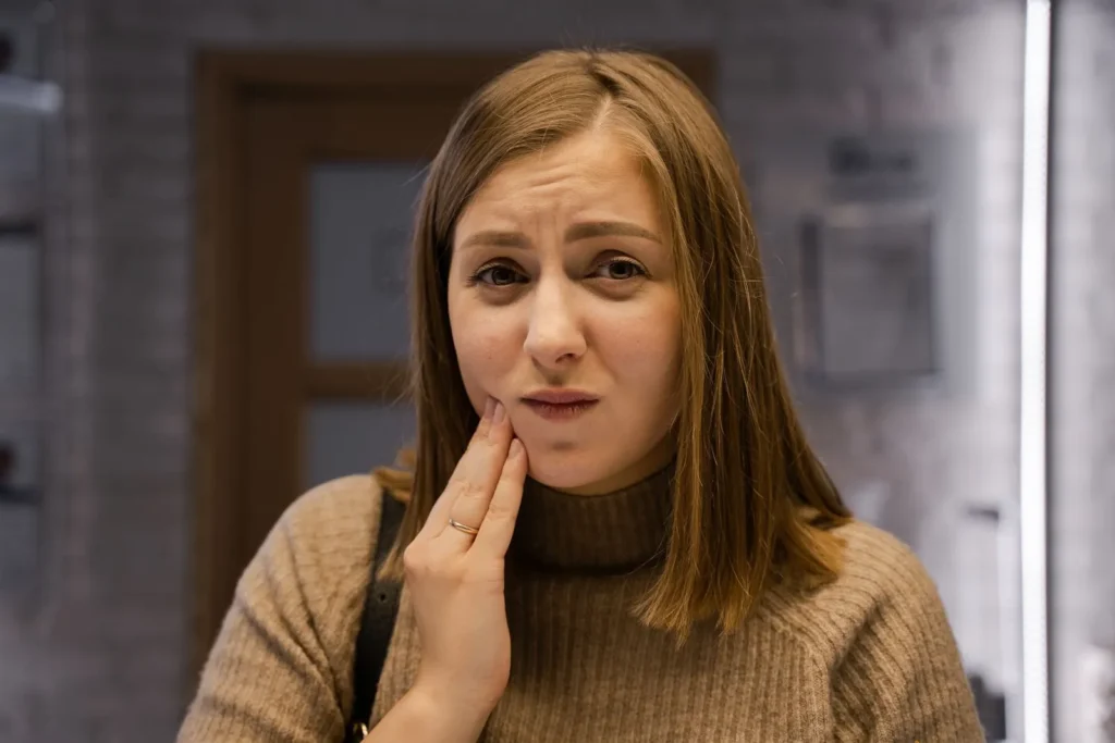 A woman holding her cheek because of a toothache